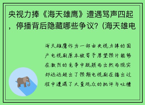 央视力捧《海天雄鹰》遭遇骂声四起，停播背后隐藏哪些争议？(海天雄电子)