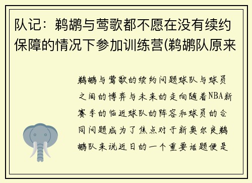 队记：鹈鹕与莺歌都不愿在没有续约保障的情况下参加训练营(鹈鹕队原来叫什么)