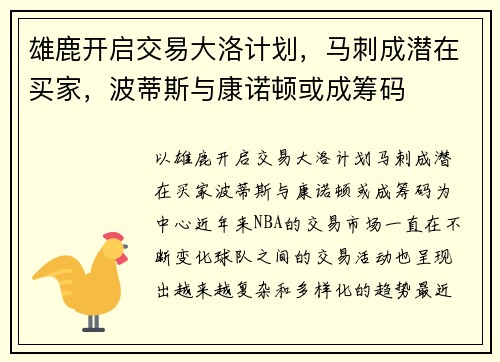 雄鹿开启交易大洛计划，马刺成潜在买家，波蒂斯与康诺顿或成筹码