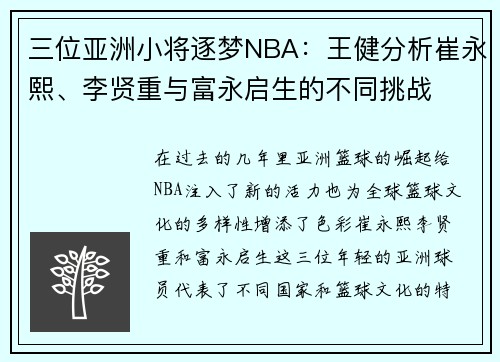 三位亚洲小将逐梦NBA：王健分析崔永熙、李贤重与富永启生的不同挑战