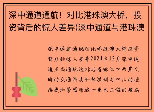 深中通道通航！对比港珠澳大桥，投资背后的惊人差异(深中通道与港珠澳大桥意义大比拼)