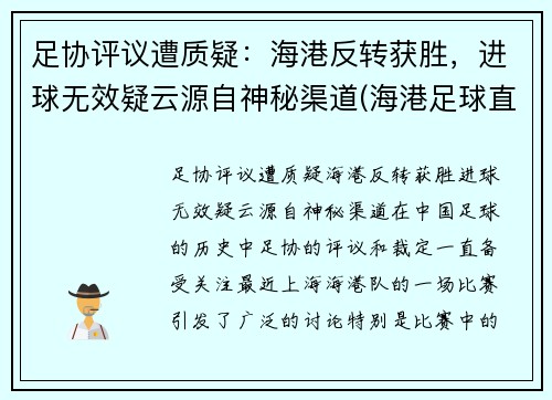 足协评议遭质疑：海港反转获胜，进球无效疑云源自神秘渠道(海港足球直播)