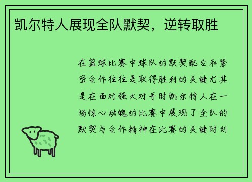 凯尔特人展现全队默契，逆转取胜