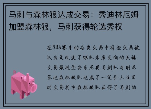 马刺与森林狼达成交易：秀迪林厄姆加盟森林狼，马刺获得轮选秀权