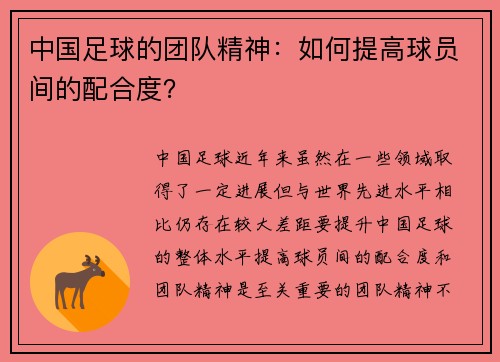 中国足球的团队精神：如何提高球员间的配合度？