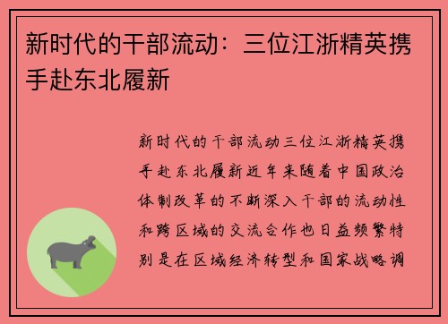 新时代的干部流动：三位江浙精英携手赴东北履新
